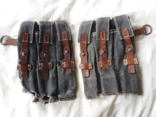 WW2 GERMAN MATCHING PAIR MP40 POUCHES . BLUE WEBBING WITH BROWN LEATHER FITTINGS