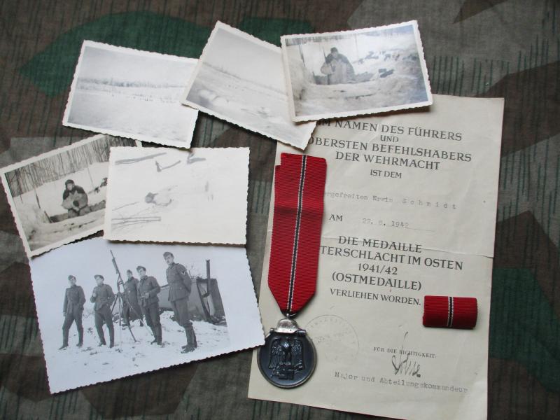 original ww2 GERMAN ARMY EASTERN FRONT 1942 winterschlacht MEDAL & CERTIFICATE AND PHOTOS OF OWNER IN RUSSIA . grouping .