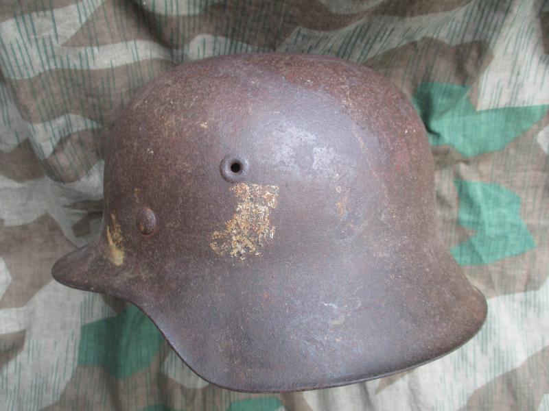 original real WW2 GERMAN M42 SINGLE DECAL steel combat helmet BARN FIND NORMANDY