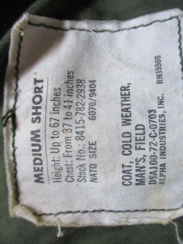 1972 ALPHA INDUSTRIES US ARMY ISSUE VIETNAM WAR OG 107 M65 COAT COMBAT jacket MS