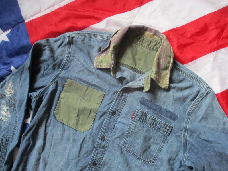 vintage LEVIS USA AMERICAN denim SHIRT & VIETNAM WAR TIGER STRIPE CAMO COLLAR !