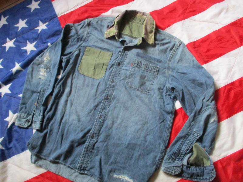 vintage LEVIS USA AMERICAN denim SHIRT & VIETNAM WAR TIGER STRIPE CAMO COLLAR !