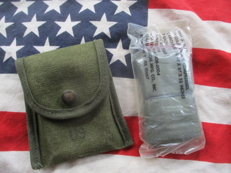 US ARMY issue VIETNAM WAR M56 M 1956 WEBBING COMPASS / FFD POUCH & 1973 BANDAGE